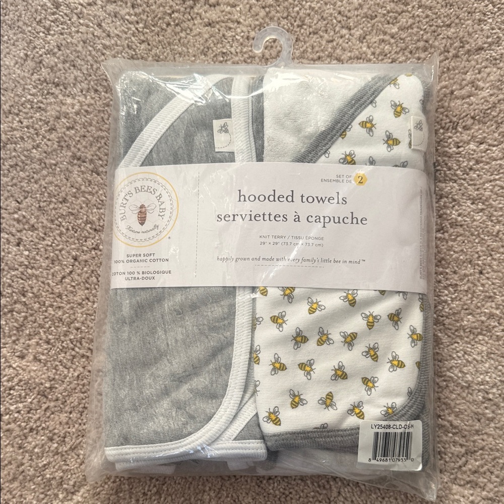 Burt's Bees Baby Gray and Bee Print Hooded Towels